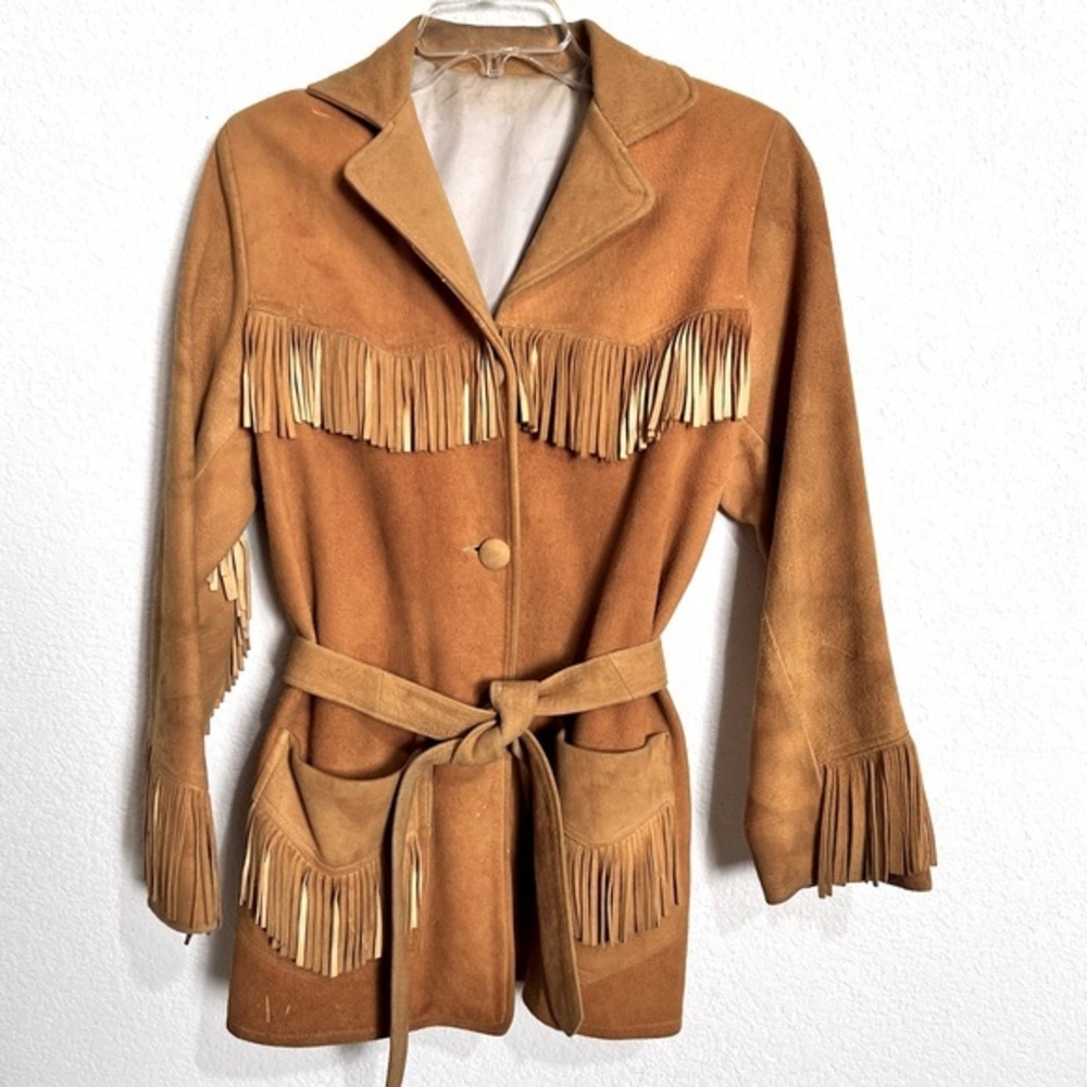 Vintage Wickmans Berkeley Ca Harvest Gold Suede Leather Fringed Rodeo Coat 6